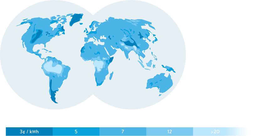 Heat map of global energy costs, ranging from 3 cents to greater than 20 cents depending on region